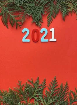 Fir frames on red background. happy new year 2021 Stock Photos