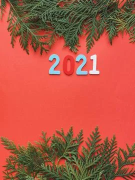 Fir frames on red background. happy new year 2021 Stock Photos