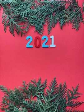 Fir frames on red background. happy new year 2021 Stock Photos