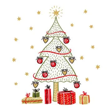 Fir tree and gift boxes isolated On White Background Stock Illustration