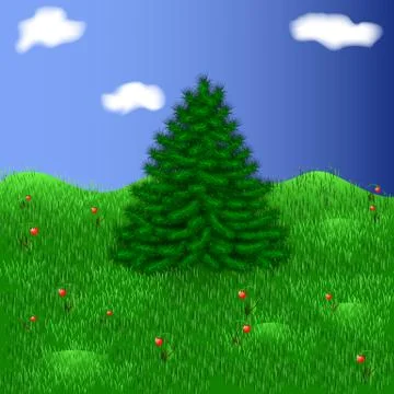 Fir tree on a beautiful meadow among strawberries Stock Illustration