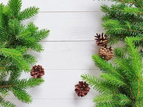 Fir tree borders, pine cones on white wooden background. Christmas frame Stock Photos