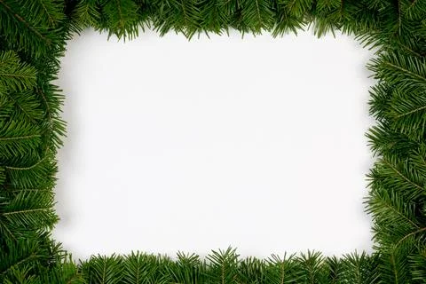 Fir tree branch frame on white Stock Photos