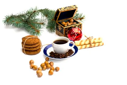 Fir-tree branch, oat baking, forest nutlets, coffee and casket Stock Photos