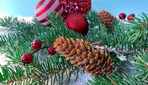 Fir tree branch with pine cone on focus and blurred red Christmas balls Stock Photos