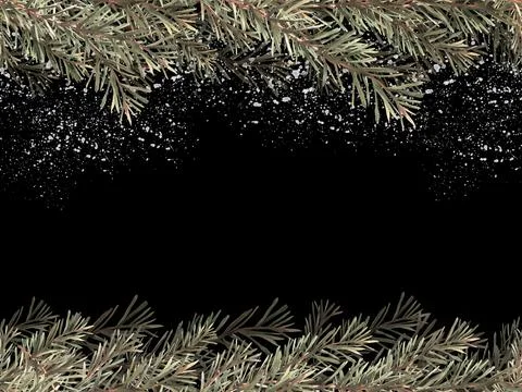 Fir tree branch. Snowing in winter, Christmas seamless banner. Watercolor hand Stock Illustration