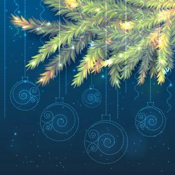 Fir tree branches and shining Christmas balls Stock Illustration