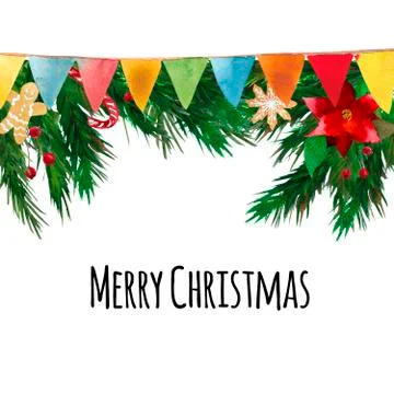 Fir tree branches border with christmas symbols: garland, poinsettia, berrys Stock Illustration