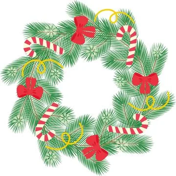 Fir tree branches Festive Wreath candy cane, ribbon bow and serpentine decorated Stock Illustration