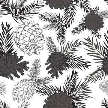 Fir tree branches with pine cone seamless background on Stock Illustration