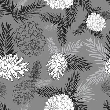 Fir tree branches with pine cone seamless background on gray Stock Illustration