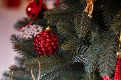 Fir-tree branches with red bulbs and cones, decorations hanging on them. Stock Photos