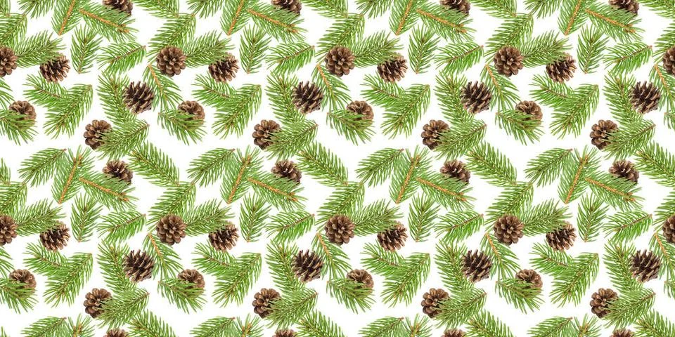 Fir tree branches seamless pattern, pine branch, Christmas conifer isolate... Foto stock
