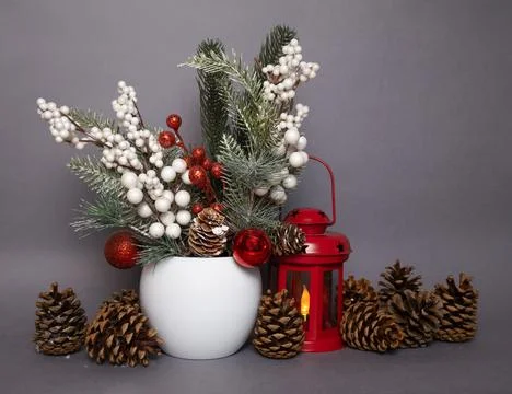 Fir tree branches, white and red berries, pine cones and Christmas red lante Stock Photos