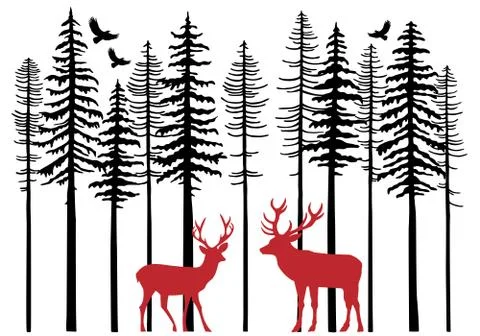 Fir tree forest with reindeer, vector Stock Illustration