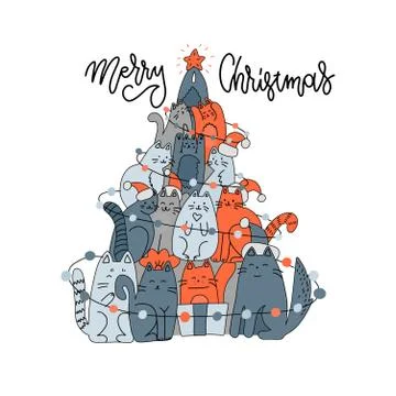 Fir-tree made of cats. Spruce of pet. Christmas tree from cat. New Year fkat  Stock Illustration