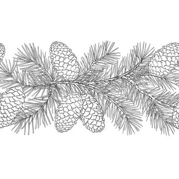 Fir Tree Outline Horizontal Seamless Pattern. Stock Illustration