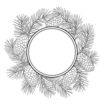 Fir Tree Outline Round Frame. Stock Illustration
