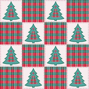 Fir Tree Patchwork Buffalo Check Seamless Pattern Stock Illustration