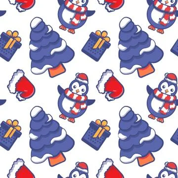 Fir tree, penguin and present seamless pattern Stock Illustration