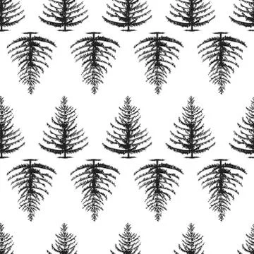 Fir tree seamless pattern, hand drawn vintage style. Vector Stock Illustration