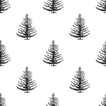 Fir tree seamless pattern, hand drawn vintage style. Vector Stock Illustration