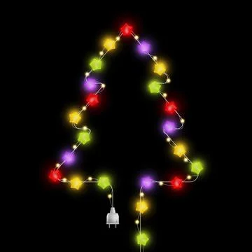 Fir-tree shape with light garland. Christmas tree with multicolor glowing star Illustrazione stock