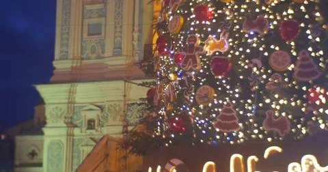 Fir-Tree at Sofia The Kievan Tower Window is Lit Shining Garland Sparking Video stock 58707878