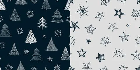 Fir tree stars pattern. Christmas New Year background, xmas tree and decorations Stock Illustration