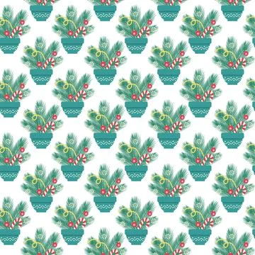 Fir tree twigs with striped Candy cane, Christmas toys and snowflake in flower Stock Illustration