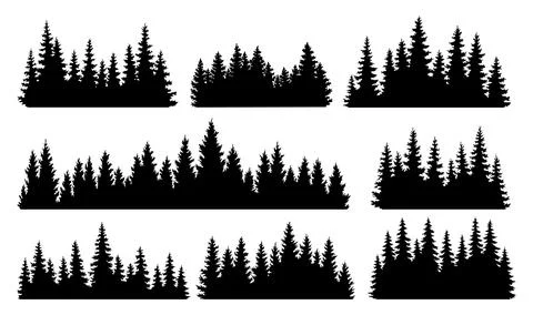 Fir trees silhouettes set. Coniferous spruce horizontal background patterns Stock Illustration