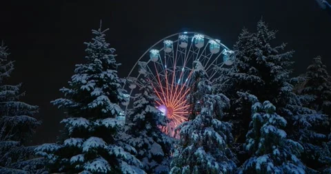 Fir trees with snow and a lighted wheel at the Christmas market Holiday Stock Footage 314634344