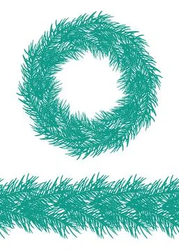Fir wreath and seamless pattern or brush. Beautiful circle frame for text, is Illustrazione stock