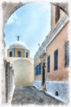Fira catholic cathedral digital watercolor painting 스톡 일러스트