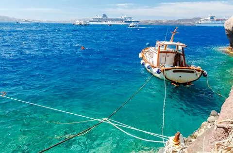Fira. View of the old harbor Stock Photos