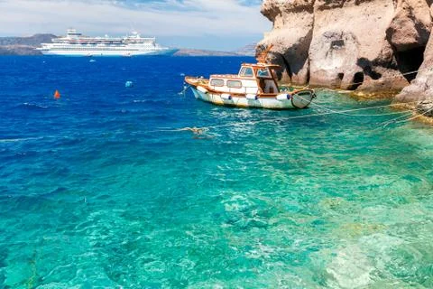 Fira. View of the old harbor. Stock Photos