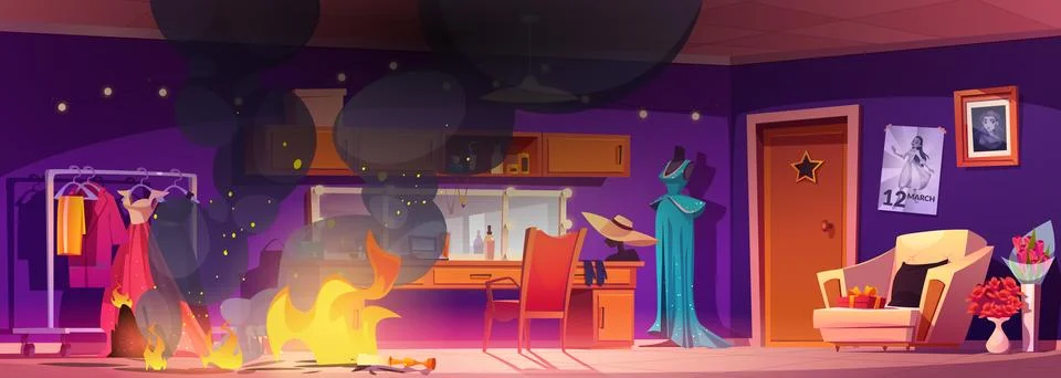 Fire in actor makeup room with smoke cloud cartoon Stock Illustration