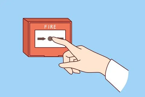 Fire alarm button on wall and hand of person who wants to notify everyone about Stock Illustration