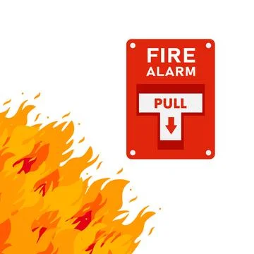 Fire alarm system and raging fire burning in the building Иллюстрация