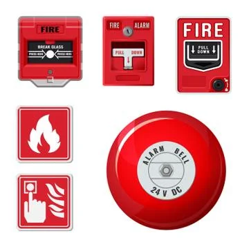 Fire alarm system icons set. Red ringing bell. Vector illustration 스톡 일러스트