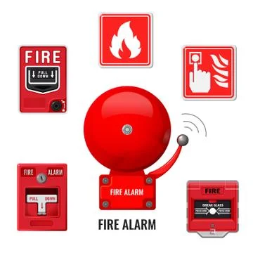Fire alarm system icons set. Red ringing bell. Vector illustration Illustrazione stock