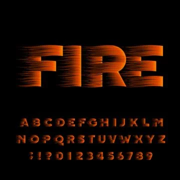 Fire alphabet font. Flame effect bold type letters and numbers. Stock Illustration
