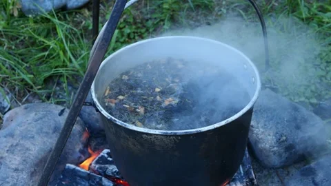 A fire and boiling forest tea create cozy atmosphere. Steam rises from the pot Stock-Footage 278978615