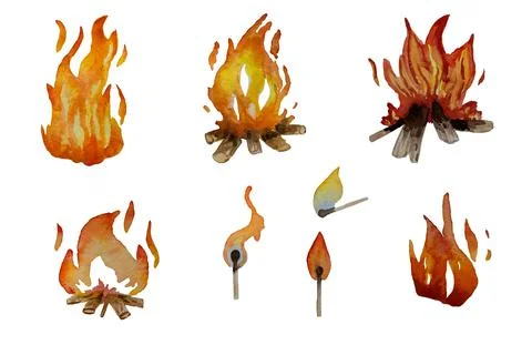 Fire and bonfire, match, burning match in cartoon style. . Watercolor Stock Illustration