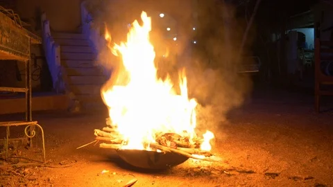 Fire and cat going down the stairs in the background Stock Footage 97510262