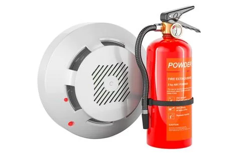 Fire and flame detector with fire extinguisher, 3D rendering Stock Illustration