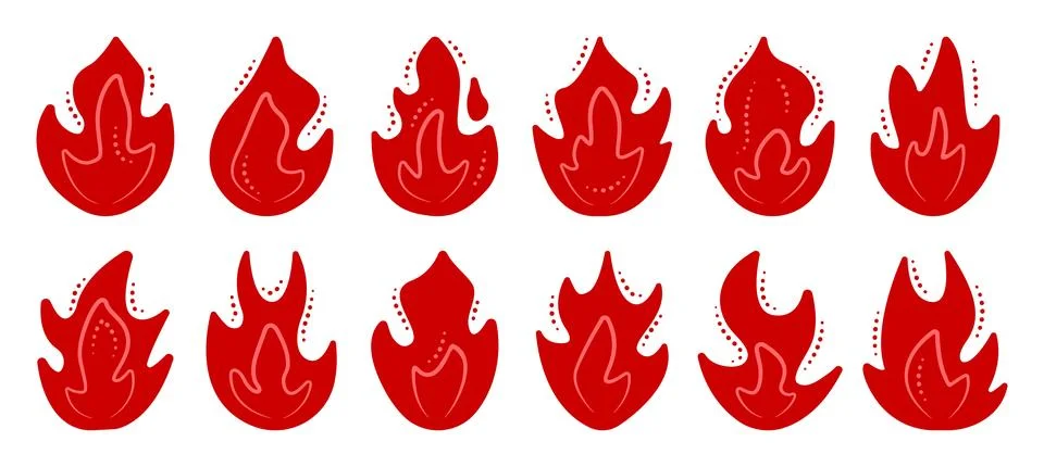 Fire and flame set, red icons Illustrazione stock