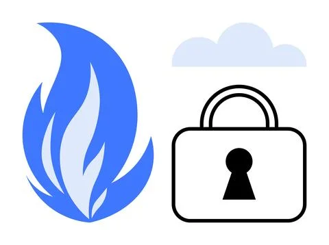 Fire and Padlock with Cloud Symbolizing Security, Protection, and Data Safety Stock Illustration