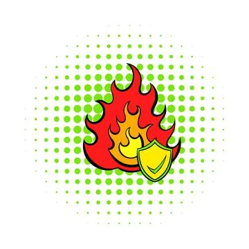 Fire and shield with tick icon, comics style Stock Illustration
