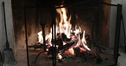 Fire In Antique Fireplace Stock Footage 106898324